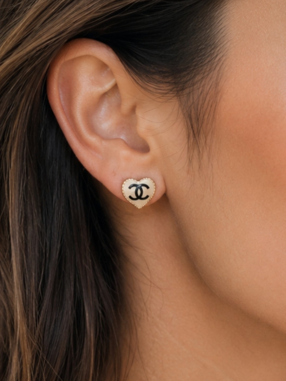 Cream Heart Logo Stud Earrings with Black CC Accent